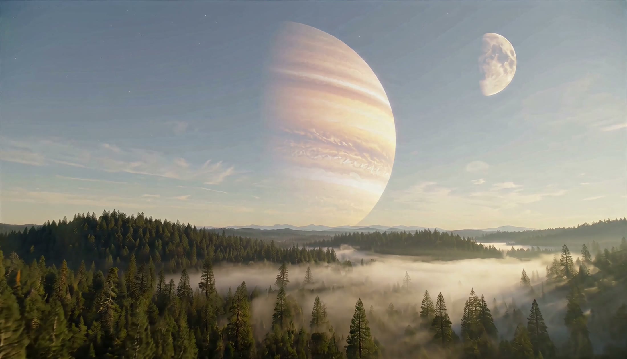 Aerial view over the redwood canopy of Endor with a gas giant rising above the horizon