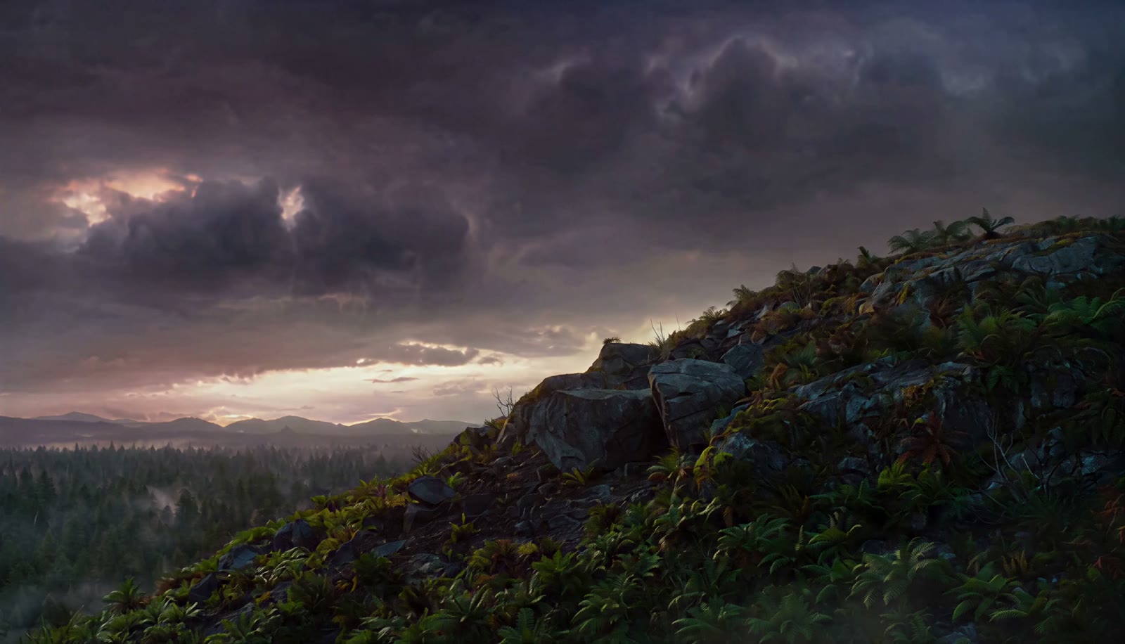 The Gorax striding across a mountain ridge on Endor at dusk